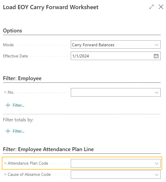 Load EOY Carry Forward Worksheet page Attendance Plan Code field