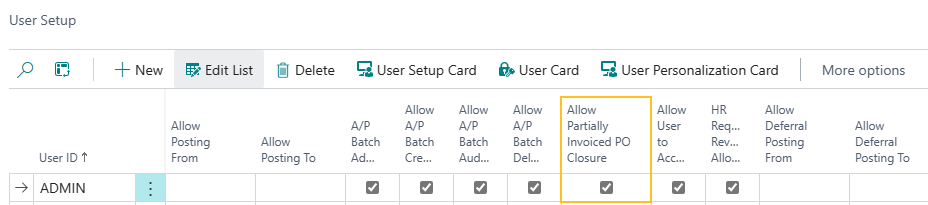 User Setup page Allow Partially Invoiced PO Closure field