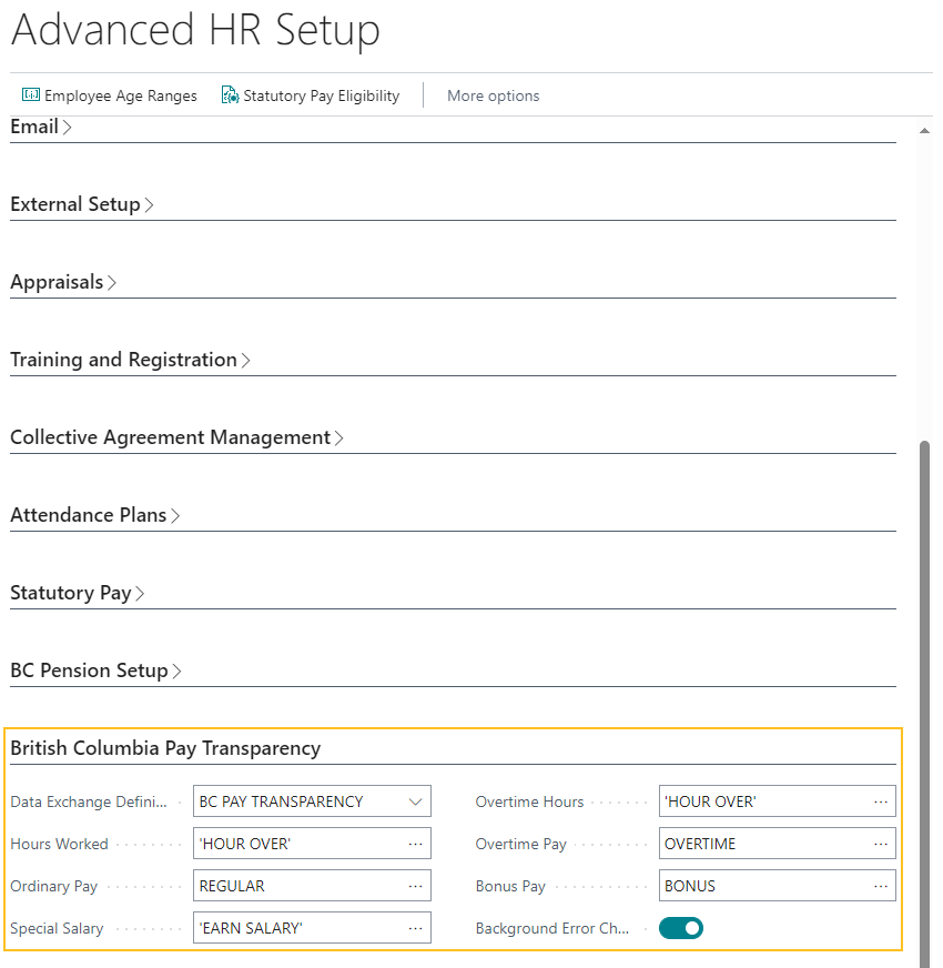 Advanced HR Setup page British Columbia Pay Transparency FastTab