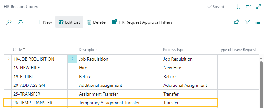 HR Reason Codes page temporary assignment transfer