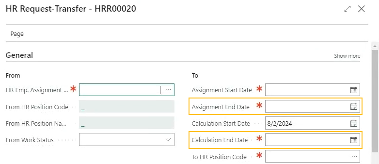 HR Request-Transfer page Assignment End Date and Calculation End Date fields