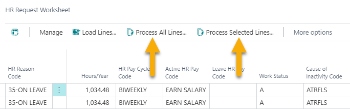 HR Request Worksheet page on leave Process All Lines and Process Selected lines