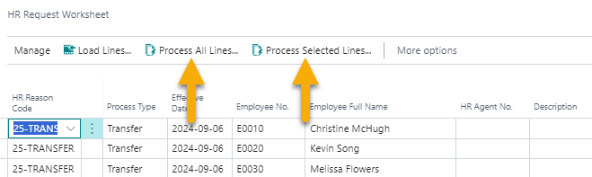 HR Request Worksheet page transfer Process All Lines and Process Selected lines