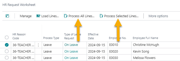 HR Request Worksheet page teacher on leave Process All Lines and Process Selected lines