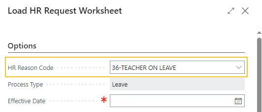 Load HR Request Worksheet page HR reason code 36-TEACHER ON LEAVE