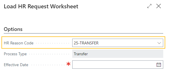 Load HR Request Worksheet page Process Type of Transfer