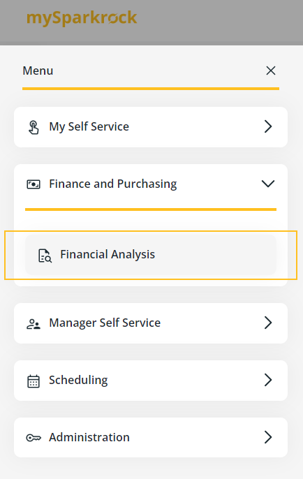 mySparkrock Financial Analysis Menu Option