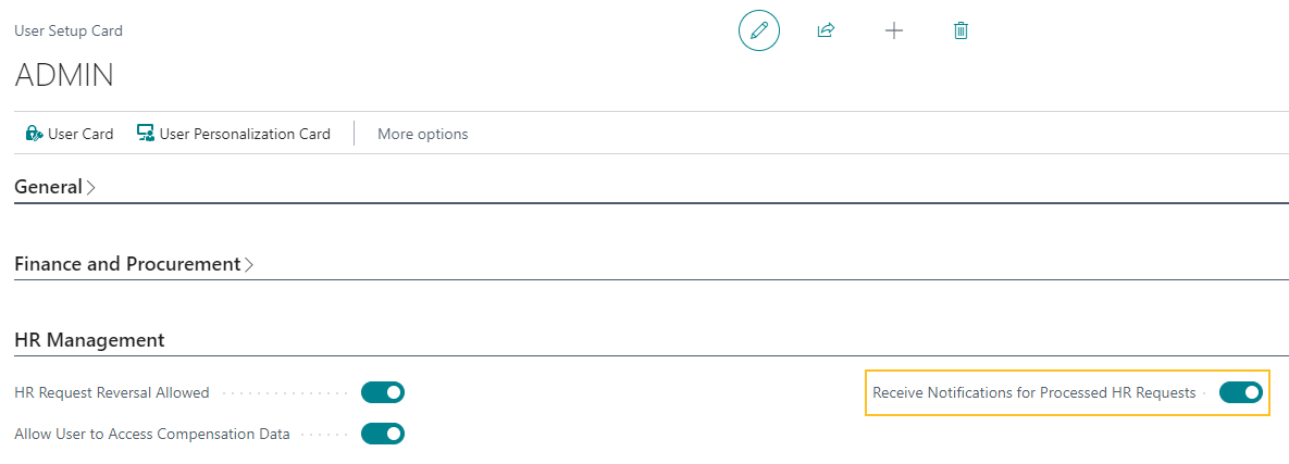 User Setup Card page Receive Notifications for Processed HR Requests field