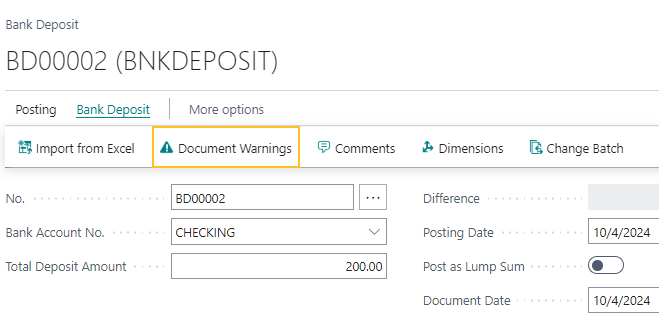 Bank Deposit page Document Warnings action