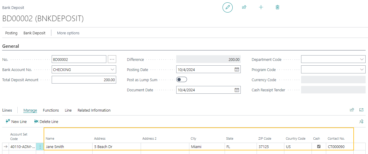 Bank Deposit page Name, Address, and Cash fields