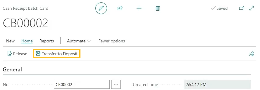 Cash Receipt Batch Card page Transfer to Deposit action