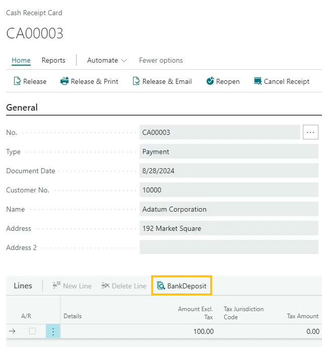 Cash Receipt Card page Bank Deposit action