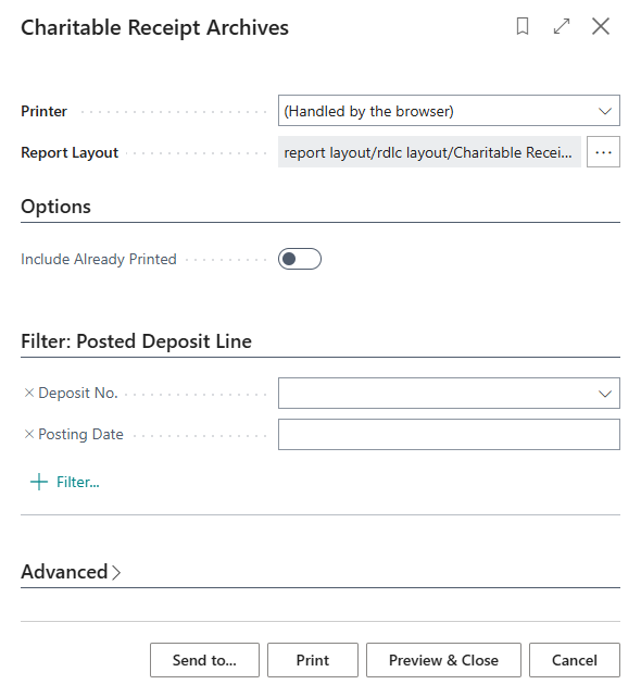 Charitable Receipt Archives report page