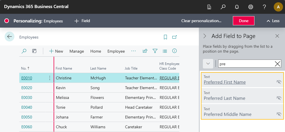 Employees page personalization preferred name fields