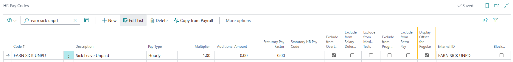 HR Pay Codes page Display Offset for Regular Hours for Unpaid Time field