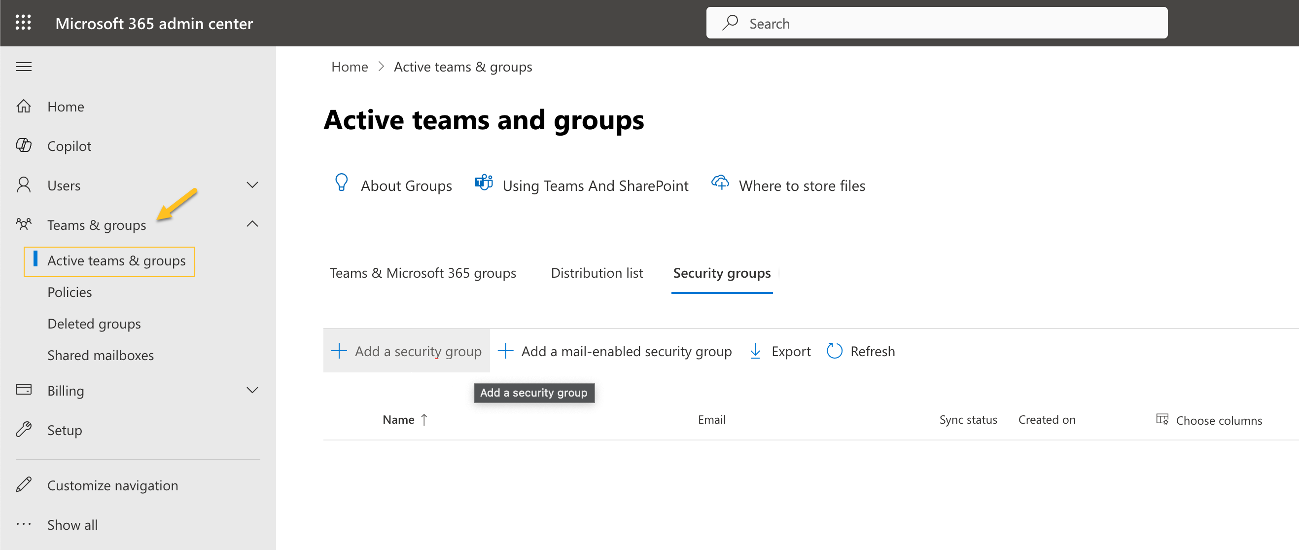 Microsoft Entra admin center Active teams and groups page