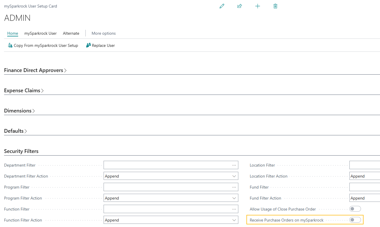 mySparkrock User Setup Card page Receive Purchase Orders on mySparkrock field