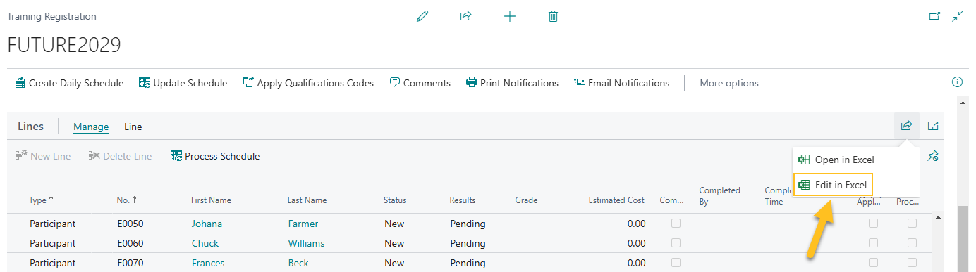 Training Registration page Edit in Excel