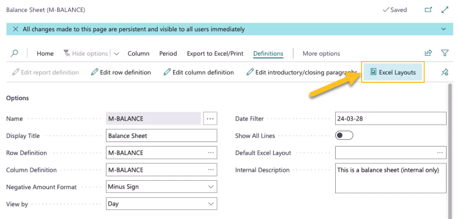Financial report definition page Excel Layouts action