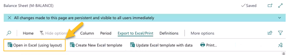 Financial report definition page Open in Excel (using layout) action