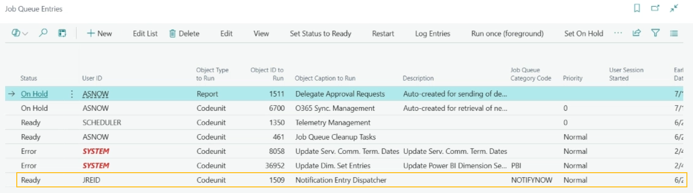 Job Queue Entries page Notification Entry Dispatcher record