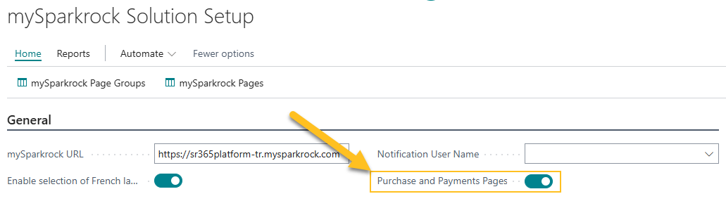 mySparkrock Solution Setup page Purchase and Payments Pages field