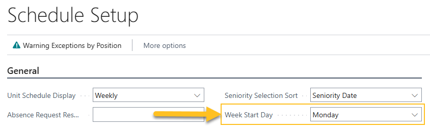 Schedule Setup page Week Start Day field