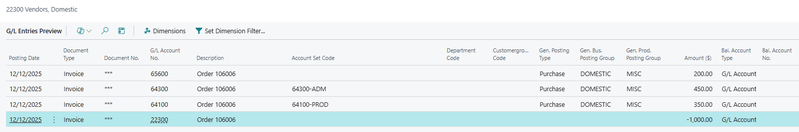 Purchase order allocation account G/L entries breakdown example