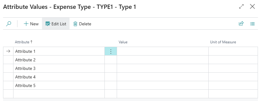 Attribute Values - Expense Type page