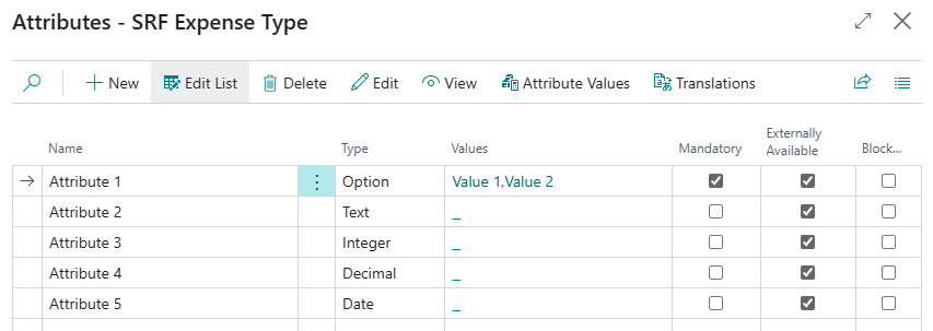 Attributes - SRF Expense Type page