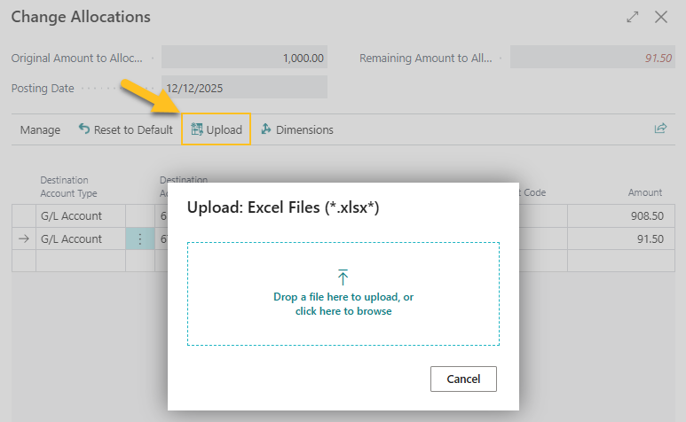 Change Allocations page Upload action
