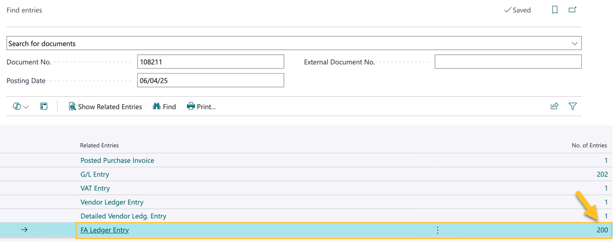 Find entries page FA Ledger Entry