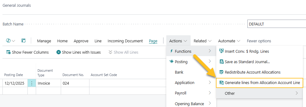 General Journals page Generate lines from Allocation Account Line action