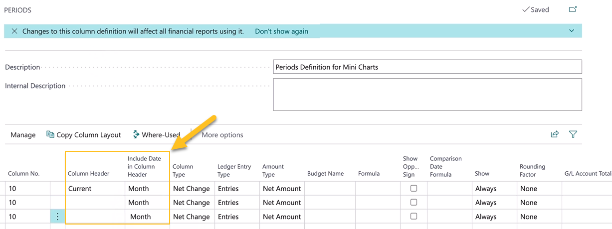 Periods page Include Date in Column Header field