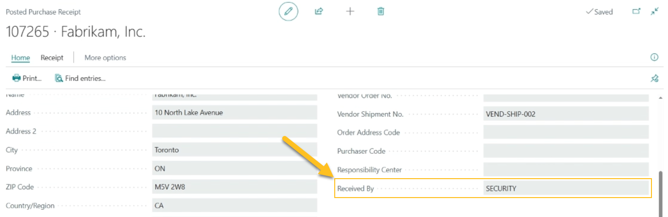Posted Purchase Receipt page Received By field