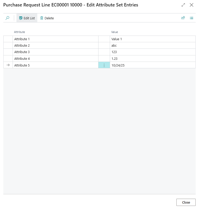 Purchase Request Line - Edit Attribute Set Entries page