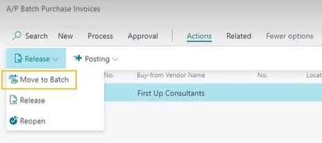 A/P Batch Purchase Invoices page Move to Batch action