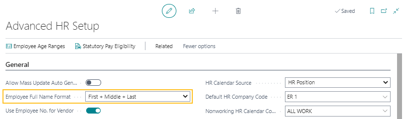 Advanced HR Setup page Employee Full Name Format field
