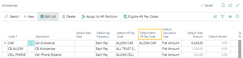 Allowances page Default Retro HR Pay Code field