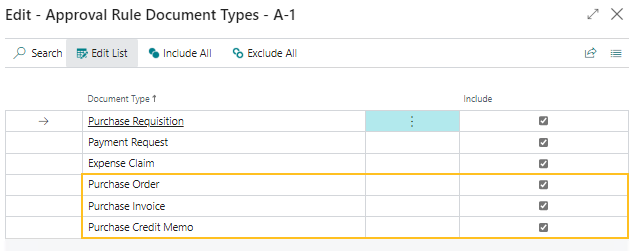 Approval Rule Document Types page - Include field