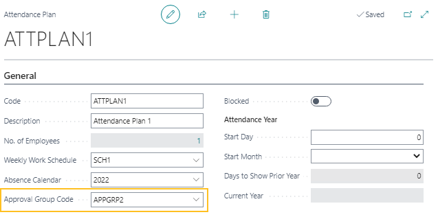 Attendance Plan page Approval Group Code field