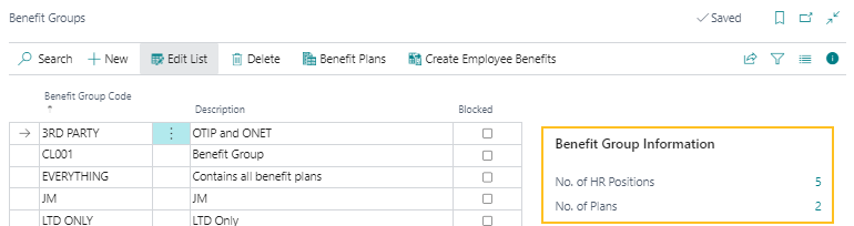 Benefit Groups page Benefit Group Information FactBox