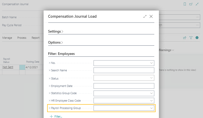 Compensation Journal Load page Payroll Processing Group field