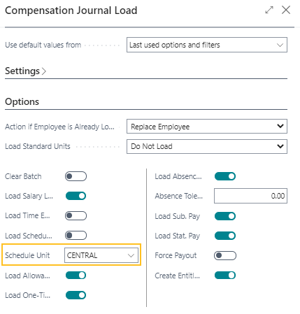 Compensation Journal Load Schedule Unit Field
