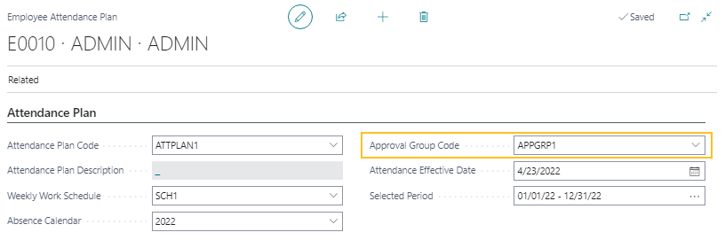 Employee Attendance Plan page Approval Group Code field