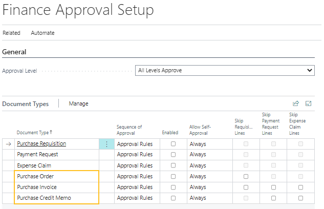 Finance Approval Setup page - New document types