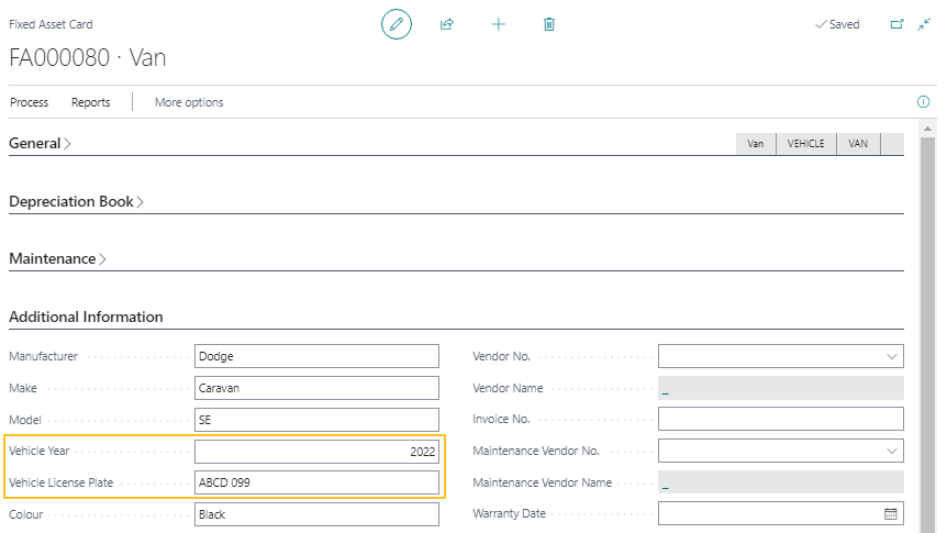 Fixed Asset Card page Vehicle Year and Vehicle License Plate fields
