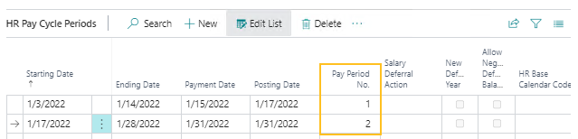 HR Pay Cycle Periods page Pay Period No. field