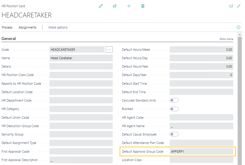 HR Position Card page Default Approval Group Code field