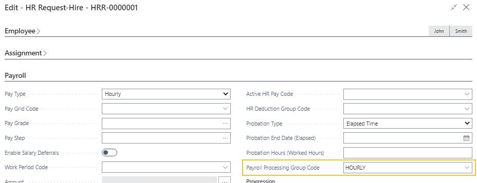 HR Request Hire page Payroll Processing Group Code field